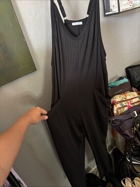 Black Ribbed Sleeveless Jumpsuit with Side Pockets
